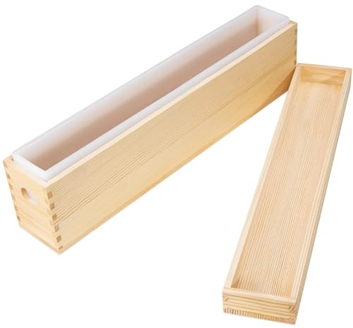 Moules à savon en silicone avec caisse en bois et couvercle, moules à savon rectangulaires pour la fabrication de savon (2,2 l, longs et étroits)