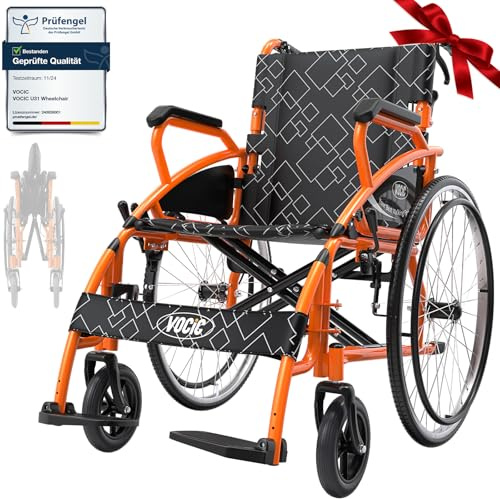 VOCIC Sedia a rotelle pieghevole leggera fino a 150 kg, U31 doppio freno pieghevole (17,5 kg), con autoazionamento, ruota posteriore da 60 cm, supporto per 5 anni