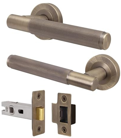EAI Antique Brass Door Handles with Latch, 1 Pack - Oruro | Complete Latch Kit with 1 Pair of Door Handles, 64mm Latch, Fixings Included