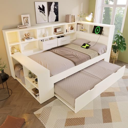 RIAZOS Kinderbett 90x200 cm mit Ausziehbett, Einzelbett mit USB Type C Ladestation, Stauraumbett mit Staufach, Holzbett für Erwachsene und Jugendliche, Weiß, ohne Matratze