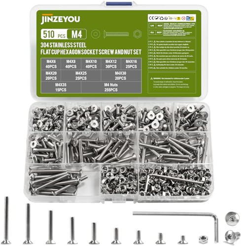 Juego de 510 tornillos M4, tornillos de cabeza avellanada de acero inoxidable, juego de tuercas, tornillos de cabeza plana métricos, tornillos hexagonales con tuercas con arandelas, surtido de