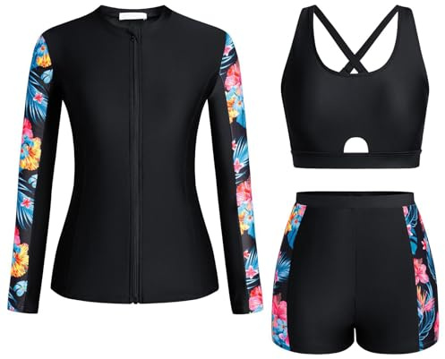 TOWARDSNAN Costume da bagno da donna a maniche lunghe con camicia da bagno e pantaloncini corti con cerniera frontale Rashguard Costumi da bagno Surf Costume da bagno a maniche lunghe Costumi da bagno