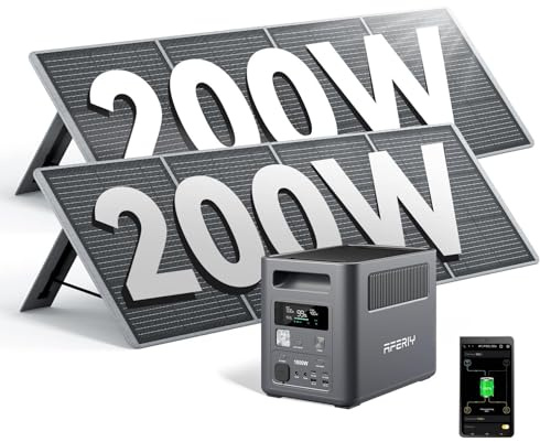 AFERIY 1800W Powerstation mit 200Wx2 Solarpanel, Solargenerator 1024Wh LiFePO4 & 1Std Schnellladung Solar Powerstation, <10ms USV, 9 Ausgänge, mit APP, BMS,Reine SW 230V,für Camping/RV/Garten/Notfall