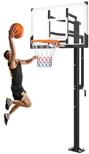 LotFun In-Ground Basketball Hoop, 54 Inch Shatterproof Polycarbonate Backboard, Adjustable Height 7.5-10 Feet with Crank,Portable Outdoor Basketball Hoop
