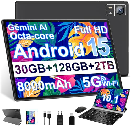 2026 Neuestes Android 15 Tablet 【30 GB RAM + 128 GB ROM+2TB】【Gemini AI】10.1 Zoll, , Widevine L1, Octa Core, 8000 mAh, 8 MP + 5 MP, BT 5.0, GPS,GMS,Tablets mit Maus, Tastatur und Schutzhülle-Schwarz