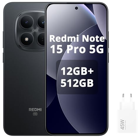 XIAOMI Smartphone Redmi Note 15 Pro 5G NFC, 12 + 512 GB, Negro, IP68, Pantalla AMOLED, Android 15, cámara 200 MP, 120 Hz, batería 6580 mAh, Carga rápida 45 W, con Cargador