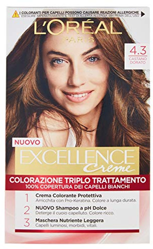 L'Oréal Paris Excellence Creme, Tinta Colorante con Triplo Trattamento Avanzato, Copre i Capelli Bianchi per un Risultato a Lunga Durata, 4.3 Castano Dorato