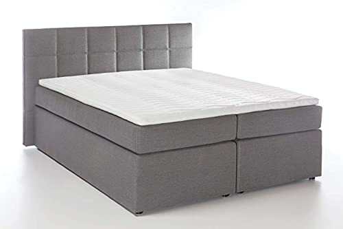 3F FURNITURE FOR FRIENDS Boxspringbett Bea 200x200 cm Hellgrau Härtegrad H2 | 7-Zonen Taschenfederkern Matratze + Visco Topper | mit niedrigem 90 cm Kopfteil ideal für Dachschrägen