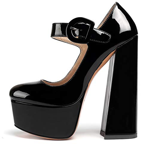 Soireelady Damen Plattform High Heels Pump Girls Fersenschuhe Damen Round Toe Mary Jane Block Fersenschuhe Lack Schwarz EU45