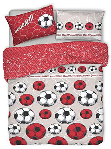 PENSIERI DELICATI Parure Copripiumino Matrimoniale 100% Cotone, Completo di Sacco 250x200cm e 2 Federe 52x82cm, Made in Italy, Copripiumino Lavabile In Lavatrice A 40°, Fantasia Calcio Rosso