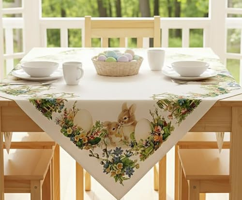 KAMACA Tischdecke Ostern nostalgisch – 85x85 cm Mitteldecke mit Hasen, Ostereiern & Blumen – Bunte Osterdecke waschbar – Dekorative Tischwäsche für Küche & Wohnzimmer