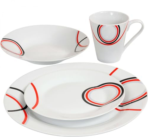 16 Piece Dinner Set - Red & Black Patterns Dinnerware Set | 4 Bowls, 4 Side Plates, 4 Mugs, 4 Soup Plates | Kitchen Microwave & Dishwasher Safe - for Cereal, Desserts, Porcelain Cup
