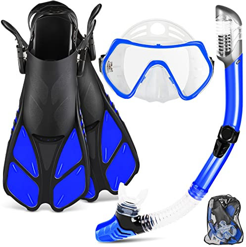 ZEEPORTE Maskenflosse Schnorchelset mit Schnorchelausrüstung für Erwachsene, Panoramablick Tauchmaske, Trek Fin, Dry Top Schnorchel + Reisetaschen, Schnorchel für Rundenschwimmen