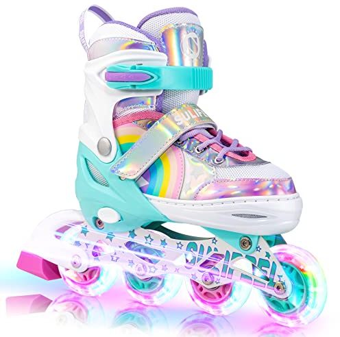 SULIFEEL Rainbow Unicorn Verstellbare Schwarz Rollschuhe für Kinder mit Leuchtenden Rädern für Jungen