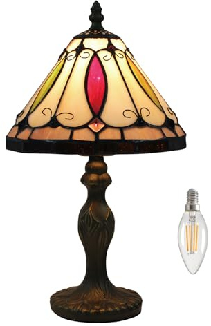 Kinbolas Tischlampe kleine im Tiffany Stil,Vintage Nachttischlampe,Buntglas Lampenschirm 20cm / 8 Zoll,Schlafzimmer Fensterbank Deko Lampe,Jugendstil Tischleuchte,mit LED E14 Birne