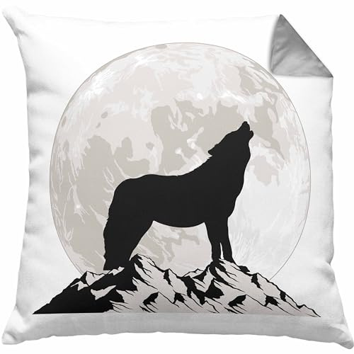 Trendation Wolf Kissen mit Füllung 40x40 Geschenk Wolf Im Mondlicht Geschenkidee Grafik (Grau)