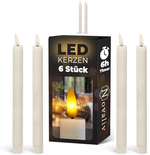Novaliv Weiße LED Stabkerze mit Timerfunktion 6er Set - bewegliche Flamme Timer - 12, 5cm Höhe für 2, 2cm Durchmesser / 1x AA Batterie notwendig - Stabkerzen Echtwachs, Elfenbein, Gross
