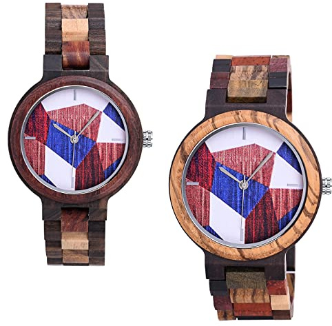 MicLee Herren Damen Einfach Holzuhr Natürliches Holz Zifferblatt mit Farbe Spleißen Holz Analog Quarzwerk Armbanduhr Für Frauen Männer Geschenke