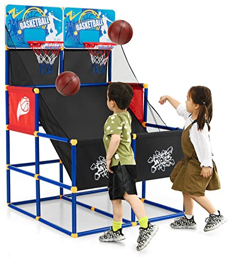 COSTWAY Canestro Basket da Camera per Bambini, Gioco Pallacanestro a Doppio Tiro con 4 Palline e Pompa di Gonfiaggio, Ideale per Sala Giochi e Cameretta, 90 x 90 x 140 cm