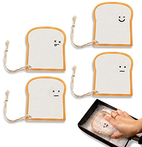 Individually Wrapped Sponges, Cute Dishwashing Sponge Bulk, Non Scratch Fun Scouring Pad Natural Dish Sponge Scrubber, Kawaii Toast Wood Pulp Cellulose Sponge Wipes for Kitchen Cleaning 4 Pack