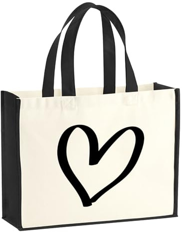 Huuraa Jutetasche Herz Heart Geschenk | Großer Shopper 21 Liter Juteshopper Black Tasche aus Jute und Baumwolle Einkaufstasche Geschenkidee Tragetasche mit Motiv