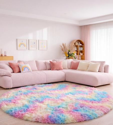 ROHATIM Teppich Schlafzimmer Rund 150 cm Regenbogen Waschbar Rutschfester Runder Hochflorteppich Wohnzimmer Kinderzimmer Mädchen Flauschig