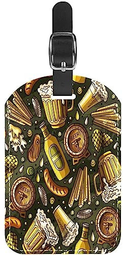 Gepäckanhänger 2er-Set,Koffer-Reiseanhänger aus Leder,Bier-Essen-Cartoon-Tisch,Gepäckanhänger mit Sichtschutz