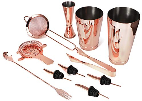 Set di 11 Shaker Per Cocktail, Kit da Barista Per Cocktail in Acciaio Inossidabile Set di Strumenti Per Bevande da Bar Martini Shaker, Jigger, Colino, Cucchiaio Per Miscelatore, Versatori(Oro rosa)