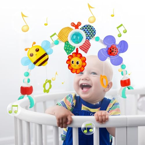 Giocattolo Ad Arco per Passeggin,Spirale Giocattoli per Passeggino Neonati con Sonaglio Archetto,Sensoriali Pieghevoli Regolabili Giocattol per Bambini da 3 a 12 Mesi