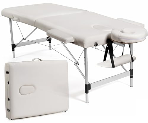 COSTWAY Table de Massage Pliante Cuir PVC 185cm avec Accoudoirs Amovibles | Lit de Spa en Aluminium à 2 Plis Réglable en Hauteur avec Sac de Transport Appuis-tête Charge 250KG Blanc