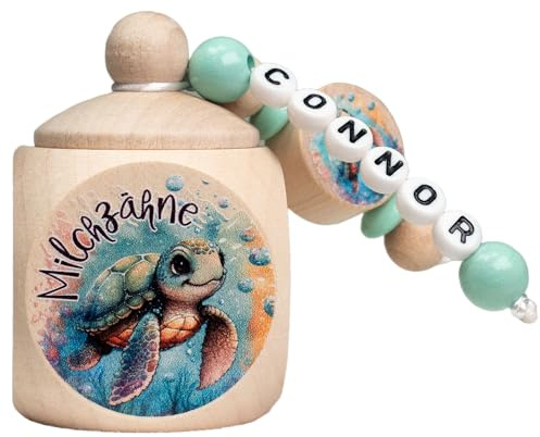 minipishop Zahndose Milchzähne Mädchen Jungen SCHILDKRÖTE türkis Milchzahndose personalisiert mit Namen aus Holz zur Aufbewahrung Wackelzähne oder Zahnbox als Geschenk der Zahnfee