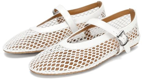 DOEYG Zapatos Planos de Ballet de Malla para Mujer, con Correa de Hebilla, cómodos, Informales, para Oficina, tacón Plano, Zapatos de Bailarina, Blanco, 39 EU