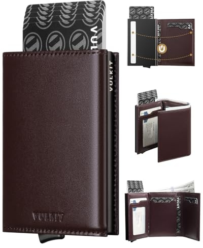 VULKIT Kreditkartenetui für Herren, Pop-up-Kartenetui, RFID-blockierendes Leder-Kartenetui mit Geldscheinfach und Ausweisfenster (Top-Grain Cowhide Espresso)
