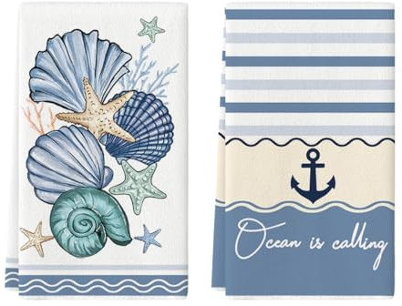Artoid Mode Muschel Anker Ocean is Calling Sommer Küchentücher Geschirrtücher, 42x65 cm Saisonale Ozean Frühling Dekoration Handtücher 2er Set