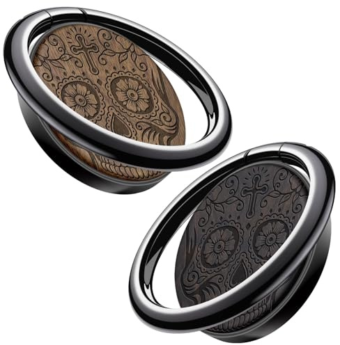 Carveit Wooden Phone Ring Holder Finger Stand Metal Grip Hook Phone Kickstand Compatible With S24 Ultra S23 iPhone 15 Pro Max 12 13 14 Pixel 8-BlackWood+Walnut/Black/Sugar Skull [2 Pack]