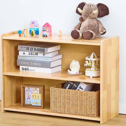 SHINITOY Rubber Wood Toy Organizer,2-Tier Storage Cabinet Shelves, Solid Wood Montessori Storage Bookshelf for Kids Children Room Kid's Room