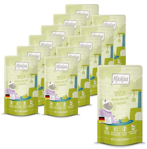 MjAMjAM - Comida húmeda Premium para Gatos - Quetschie - Senior - Duo de Pato tierno y Conejo, 12 Pack (12x125g), sin Cereales