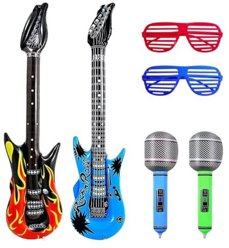 2pcs Inflatable Guitars, 2pcs Inflatable Microphone and 2pcs Party Glasses, Apply to Kids Adults Birthday Party Decoration Gift, Musical Concert Themed Party Favor(Random color)