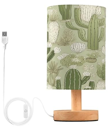 SKYSHU Lampe de chevet en forme de cactus - Petite lampe de bureau LED USB avec base en bois antidérapante et abat-jour agréable pour les yeux - Pour salon, chambre à coucher, dortoir, maison, bureau