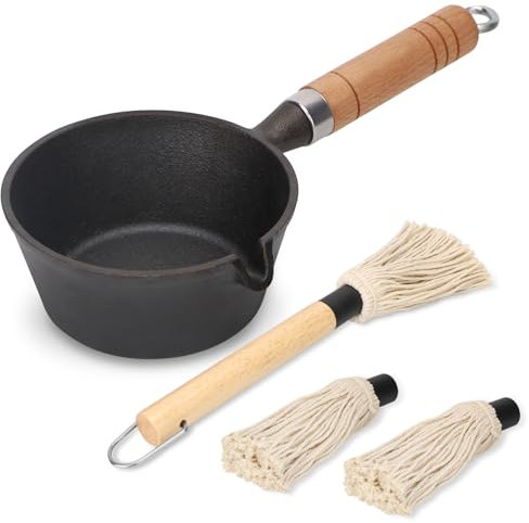 Svailse Pentola in ghisa e spazzola per mocio per grigliare, pentola in ghisa per cuocere salse e burro, set per barbecue con casseruola e spazzola per imbastire con 2 teste sostituibili