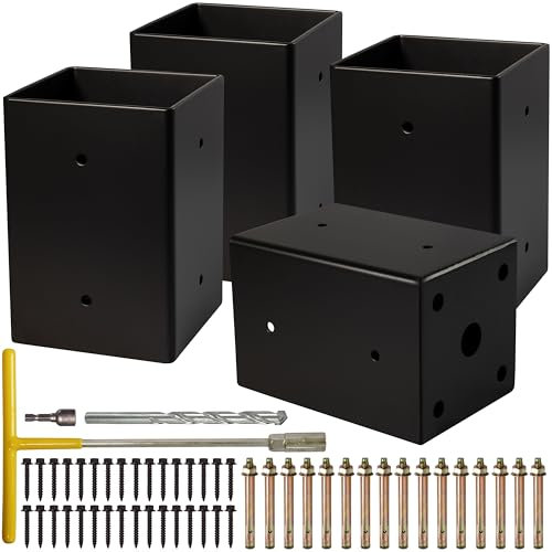 (4 PCS) LADECH 4x4 Post Anchor Base with Bottom Drainage Hole, Concealed Bolts, Black Powder Coated Brackets for Fence Posts, Pergola, Mailbox Post, Come with Wood Screws and Concrete Anchors