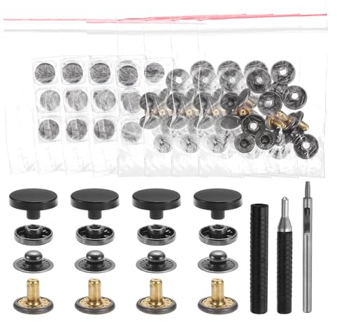 sourcing map 24 Set Leather Snap Fasteners Kit 15mm Metal Snap Button Press Studs Leather Rivets Snaps with 3 Setter Tools for Clothes Jackets Jeans Wears Bags, Black