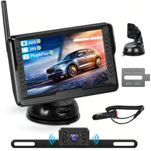 Fuluku Kit Cámara Retroceso Inalámbrica con Monitor LCD 5 Pulgadas AHD | Visión Nocturna Superior, Impermeable IP69, 12V, Para Coche, Camión, Furgoneta y Remolque