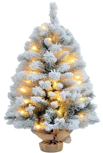HOMCOM 3ft Prelit Artificial Christmas Tree with Warm White LED Light and 133 Tips, Concrete Base, Flocked Xmas Tree with Pine Cones, Green