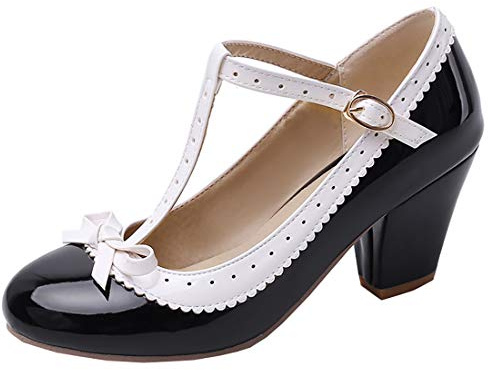 Etebella Damen T Strap High Heels Lack Pumps mit Blockabsatz und Schleife Rockabilly Vintage Schuhe (Schwarz,39)