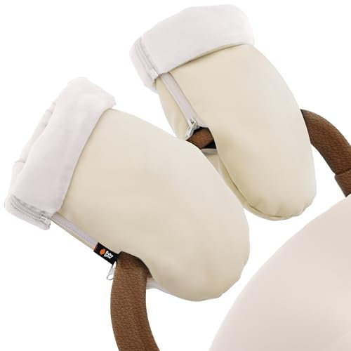 Baby Uma Kinderwagen Handwärmer Handschuhe - Fleece-gefütterte & wasserabweisende Kunstleder Handwärmer Kinderwagen, universelles Handmuff mit Reissverschluss (Beige)