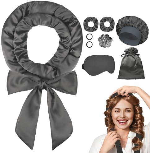 Ystrybo Satin Heatless Curls Lockenwickler Über Nacht, Heatless Overnight Curls Band Locken Ohne Hitze für Volumen Lange Haare, 9 PCS Locken Über Nacht Lockenwickler Set DIY Hair Curler (Dunkelgrau)