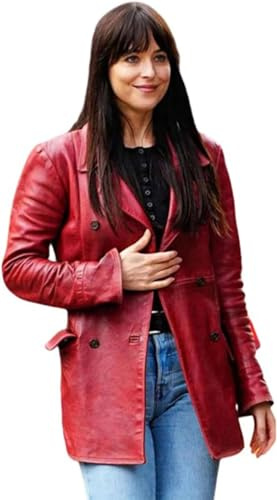 Leather Verse Madame Web Dakota Johnson Maroon Veste blazer en cuir pour femme - Double boutonnage - Manteau en cuir rouge