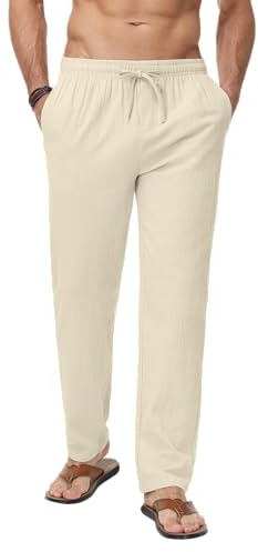LVCBL Mens Linen Trouser with 4 Pockets Lightweight Trousers Summer Pants