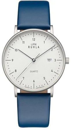 UMR RUHLA 30431 bl – elegans möter precision – snyggt armbandsur med 705 kvartsurverk – rostfritt stål – vit urtavla – mineralglas – blått läderarmband – Made in Germany